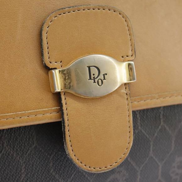 Christian Dior Honeycomb Canvas Shoulder Bag PVC Leather Beige Gold Auth bs18673